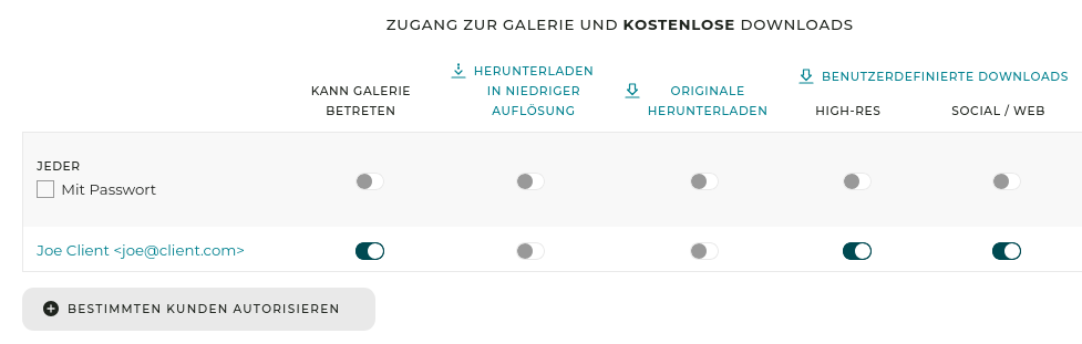 Wenn Sie nicht möchten, dass der Kunde ein Konto erstellen muss, können Sie auch einfach ein allgemeines Passwort festlegen und die benutzerdefinierten Downloads in der Zeile „Jeder” aktivieren.