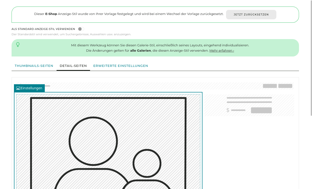 In diesem tab können Sie das Layout der Seite, auf der Bilder/Videos vergrößert werden, frei einstellen. In diesem Beispiel wird der Preis für die Bilder/Videos direkt auf der Seite angezeigt.
