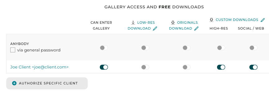 If you don’t wish the client to have to create an account, you can also simply set a general password and enable the custom downloads on the “Anybody” row.