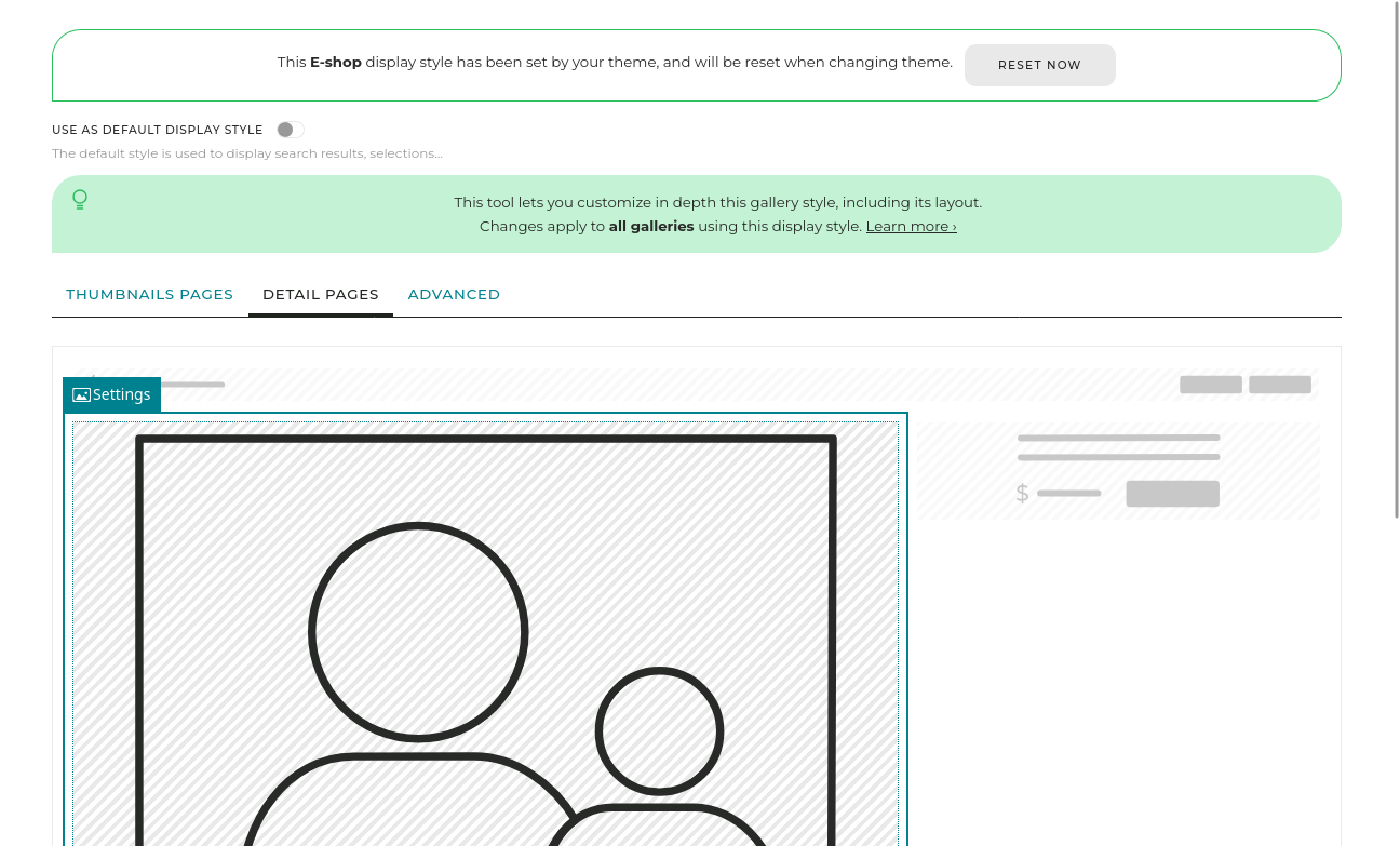 In this tab, you can freely ajust the layout of the page where images/videos are enlarged. On this example, pricing for the images/videos is shown directly on the page.