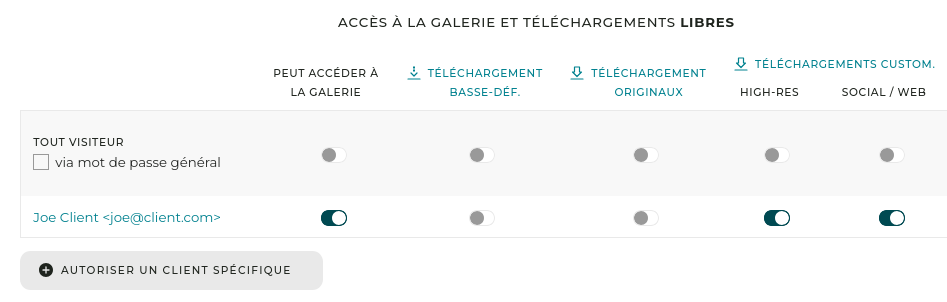 Si vous ne souhaitez pas que le client ait à créer un compte, vous pouvez aussi simplement définir un mot de passe général et activer les téléchargements custom sur la ligne “Tout visiteur”.