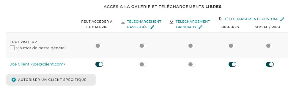 Si vous ne souhaitez pas que le client ait à créer un compte, vous pouvez aussi simplement définir un mot de passe général et activer les téléchargements custom sur la ligne “Tout visiteur”.