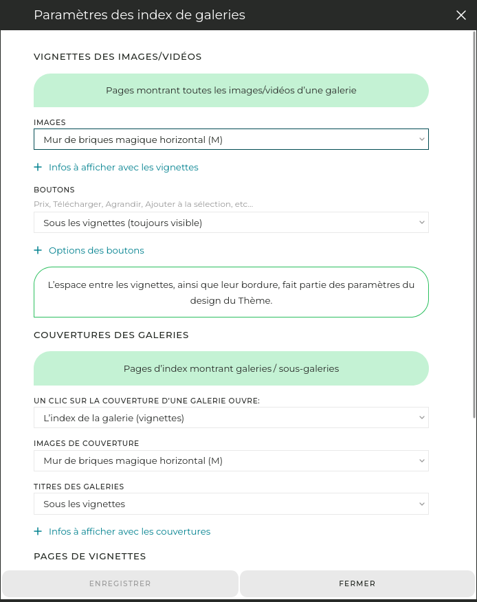 Un double-clic sur l’élément des vignettes permet d’ouvrir leurs paramètres