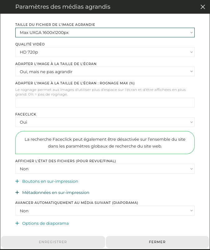 Comme pour les vignettes, l’outil offre de nombreuses options pour personnaliser l’affichage des images/vidéos.