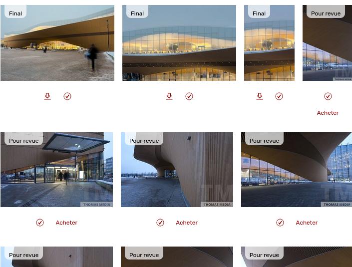 Dans cette galerie exemple, les images Pour revue peuvent être achetées et les images en état Final peuvent être directement téléchargées.