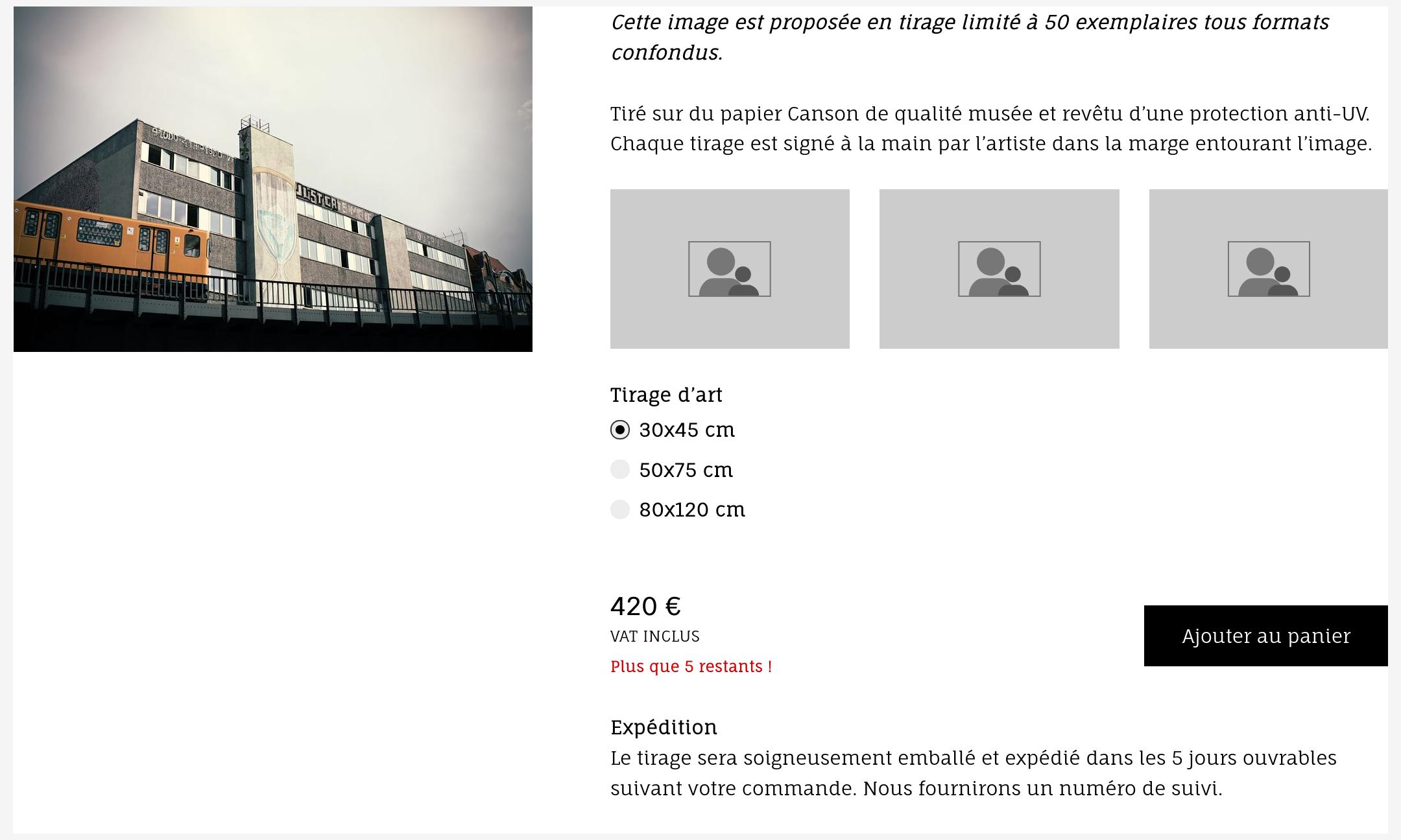 Produit pour tirage en édition limitée avec inventaire affiché.