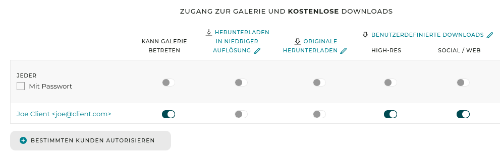Wenn Sie nicht möchten, dass der Kunde ein Konto erstellen muss, können Sie auch einfach ein allgemeines Passwort festlegen und die benutzerdefinierten Downloads in der Zeile „Jeder” aktivieren.