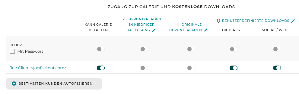 Typische Einstellungen für eine Proofing-Galerie für einen kompletten Auftrag.