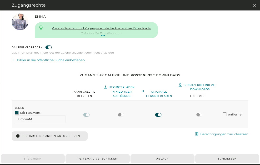 In diesem Beispiel ist ein allgemeines Passwort erforderlich, um die Galerie zu betreten, und der kostenlose hochauflösende Downloads sind aktiviert.