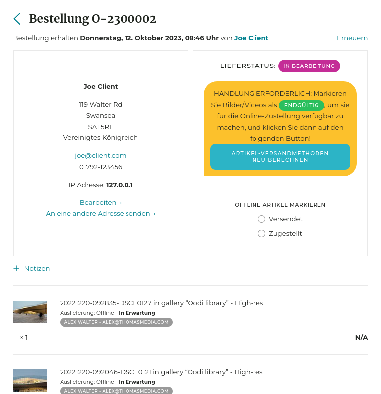 Zustellung der Bilder auf der Seite der Bestellung.
