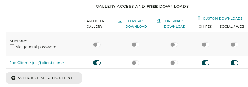 If you don’t wish the client to have to create an account, you can also simply set a general password and enable the custom downloads on the “Anybody” row.