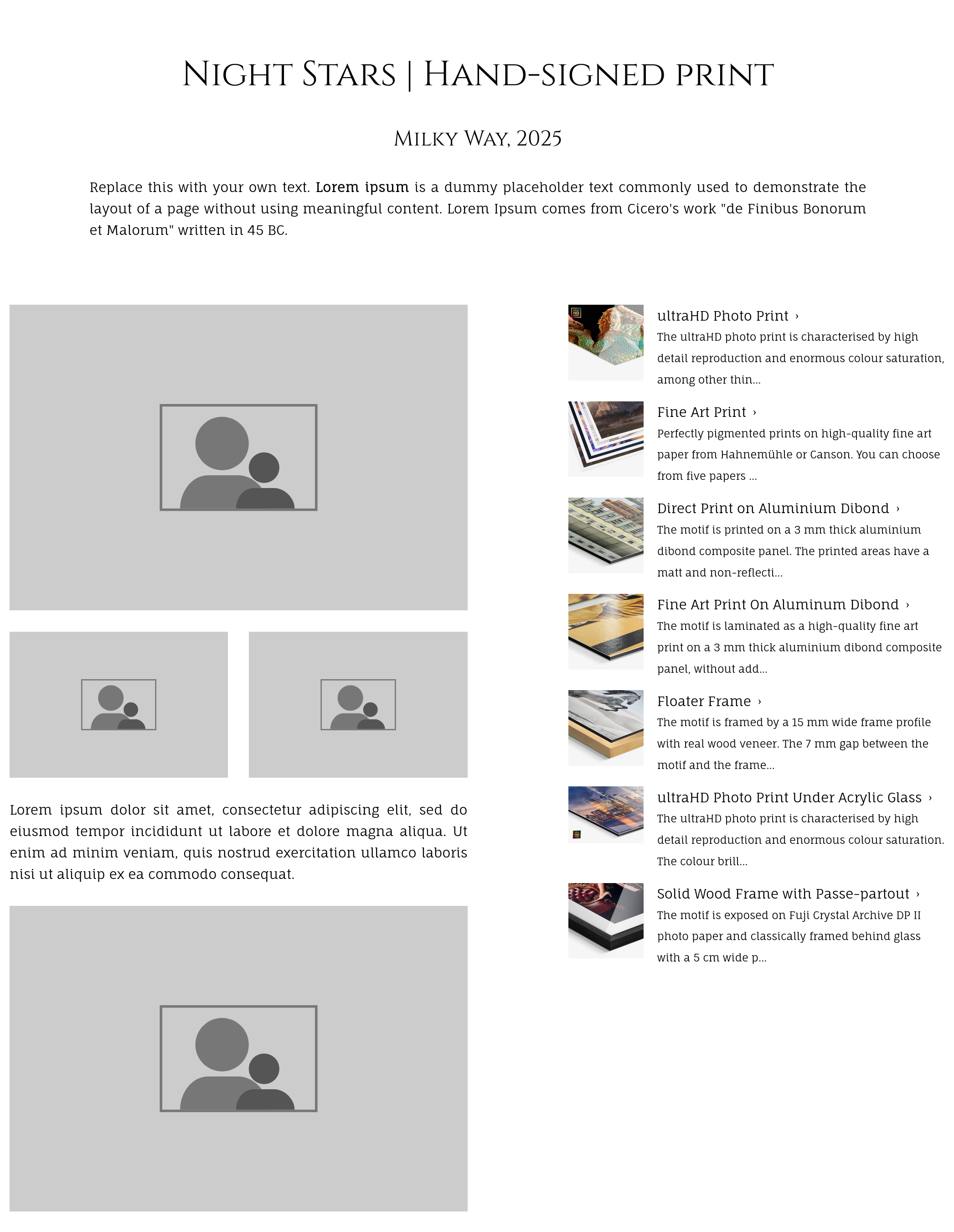 Purchase module for a fine-art print embedded into a custom page