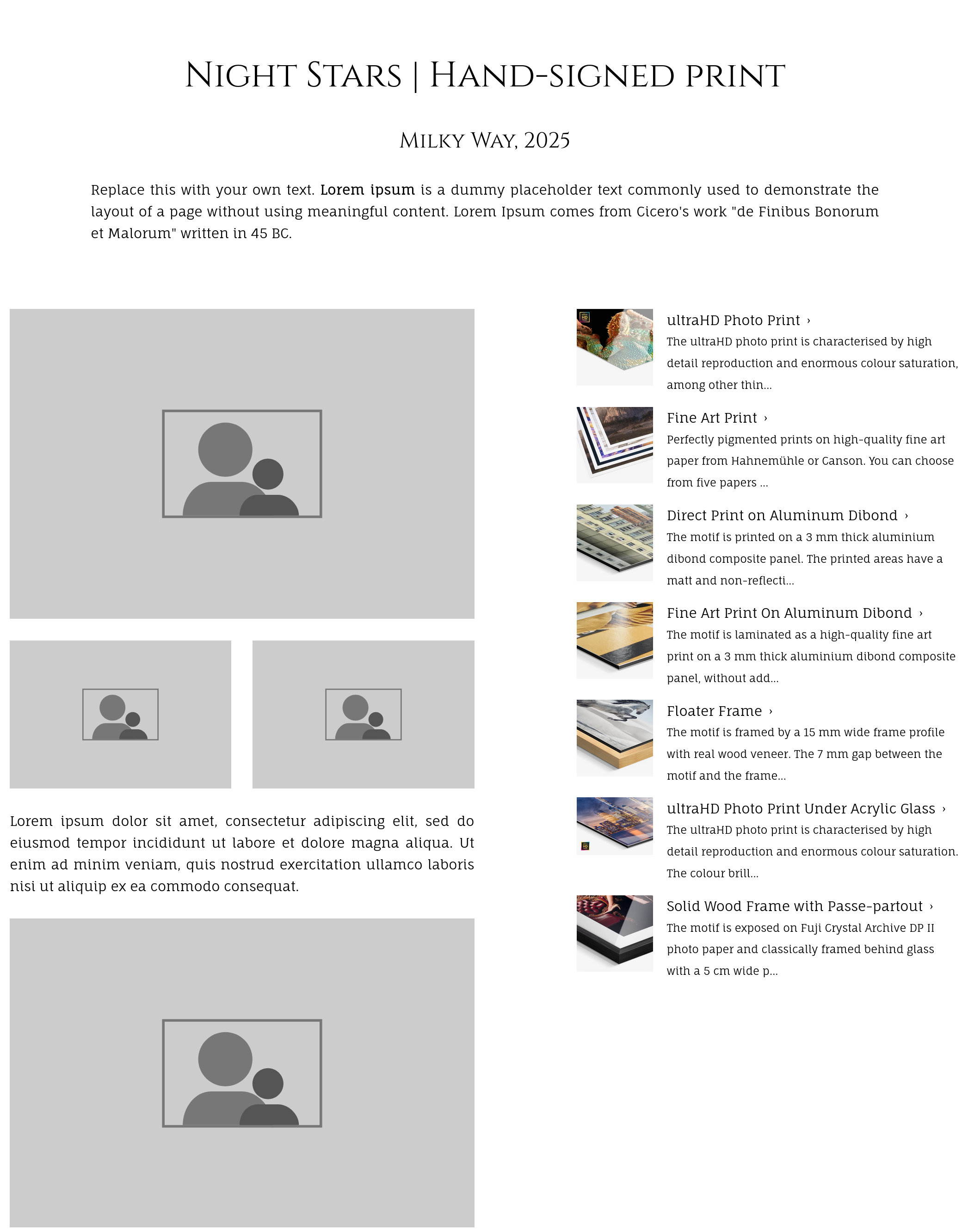 Purchase module for a fine-art print embedded into a custom page