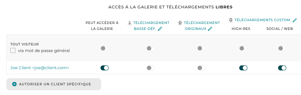 Si vous ne souhaitez pas que le client ait à créer un compte, vous pouvez aussi simplement définir un mot de passe général et activer les téléchargements custom sur la ligne “Tout visiteur”.