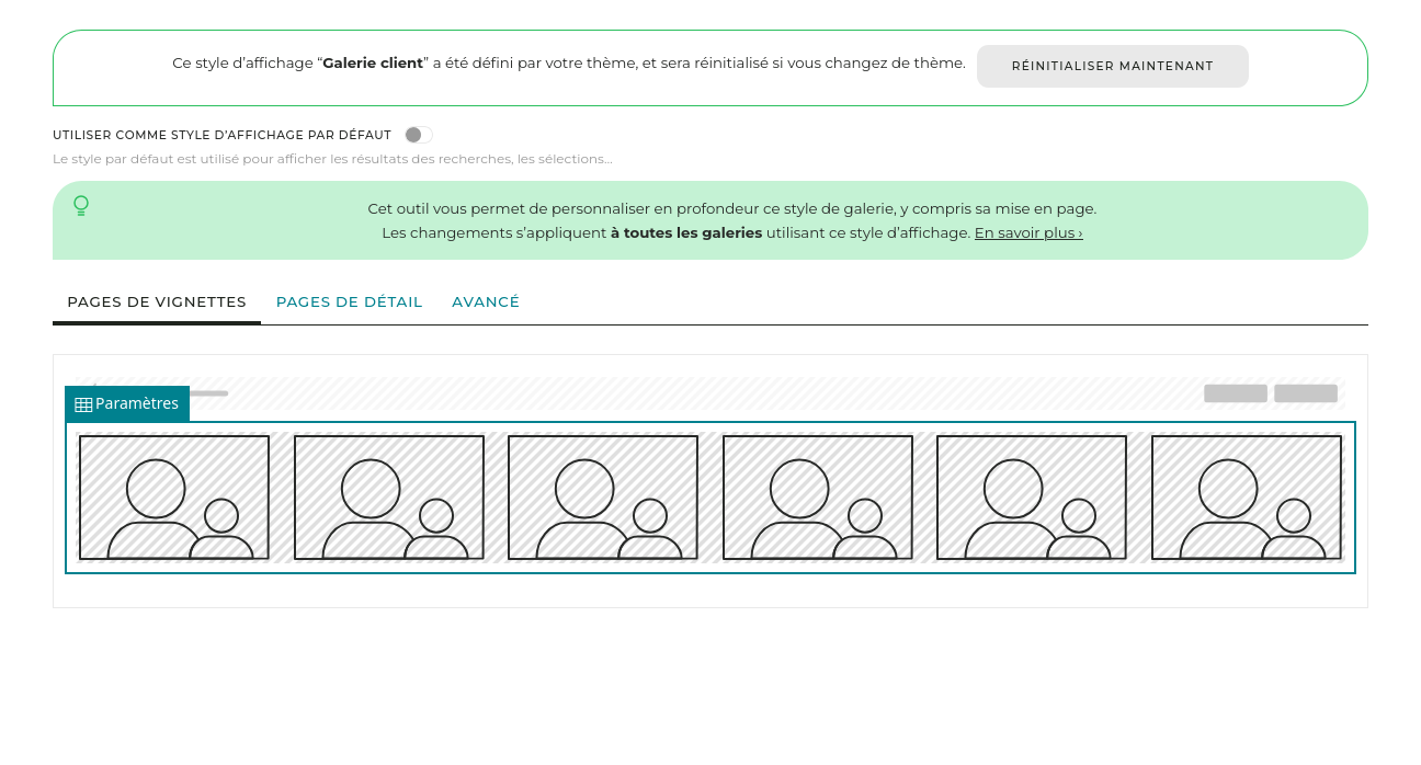 Ce panneau vous permet de modifier la mise en page des pages de vignettes.