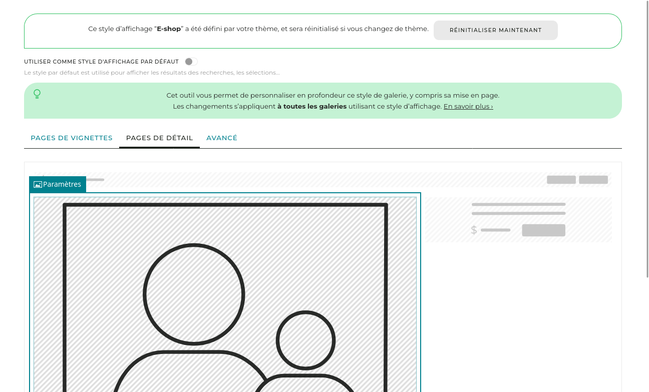 Dans cet onglet, vous pouvez ajuster librement la mise en page de la page où les images/vidéos sont agrandies. Dans cet exemple, le prix des images/vidéos est affiché directement sur la page.
