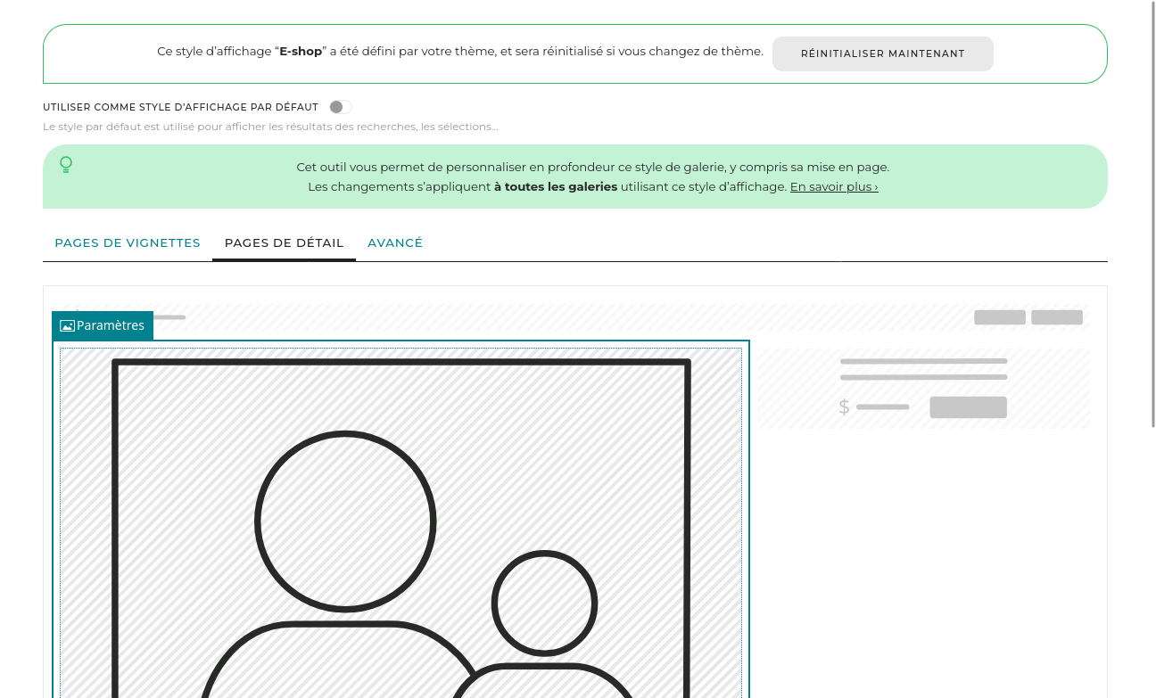 Dans cet onglet, vous pouvez ajuster librement la mise en page de la page où les images/vidéos sont agrandies. Dans cet exemple, le prix des images/vidéos est affiché directement sur la page.