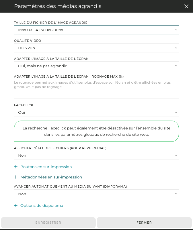 Comme pour les vignettes, l’outil offre de nombreuses options pour personnaliser l’affichage des images/vidéos.