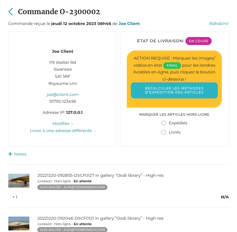 Livraison des images sur la page de la commande